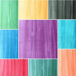 May include: A collage of eight rectangular panels featuring vertical watercolor brushstrokes in various colors including light green, yellow, dark gray, blue, purple, turquoise, red, teal, and orange, each displaying a textured, layered paint effect.
