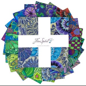 May include: A collection of 16 fabric squares featuring a variety of colorful floral and geometric patterns. The squares are arranged in a circle around a white square with the text "Free Spirit" in a blue and white font.