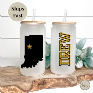 Custom University State Glass Cup, Personalized Team Tumbler with City and State, University Logo Graduation Present, Gift for Student