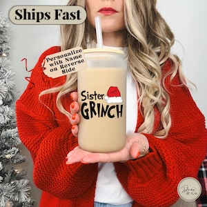 Grinch Christmas Gifts Glass Cup, Personalized Grinch Glass Can Christmas Tumbler,Grinch Cups Holiday Gifts,Custom Name Christmas Coffee Cup