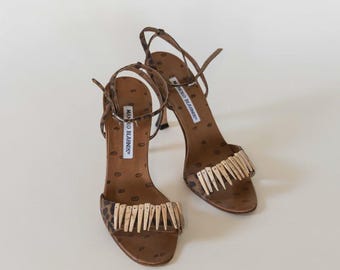 Vintage Manolo Blahnik Leopard Heels: Embellished Ankle Wrap Sandals IT 36.5