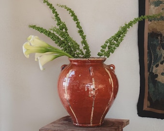 Antique Spanish Glazed Terracotta Vase | Andalusian Pottery Vessel | Hand-Painted Clay Jar | Primitive Pot