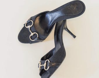 Vintage Gucci Monogram Horsebit Mules – Black GG Canvas Slip-On Heels
