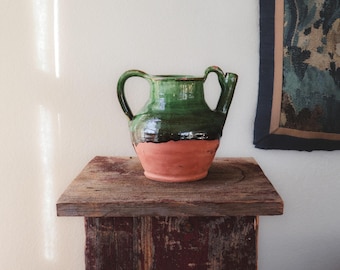 Antique Green Glazed Terracotta Olive Oil Jug | Rustic Mediterranean Vessel