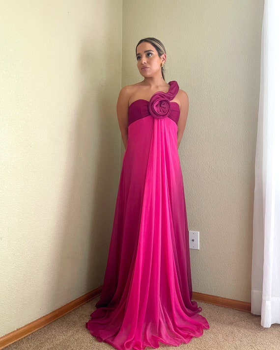 Retro One Shoulder Pink Ombre Chiffon Long Evening Dress Prom Dress Y8525 main image 1