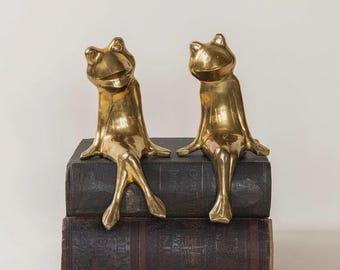 Mid-Century Large Gold Solid Brass Sitting Frogs, A Pair