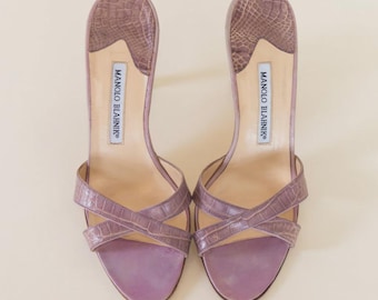 Manolo Blahnik Pink Alligator Heels Sandals | Vintage Designer Sandals Size IT 38.5