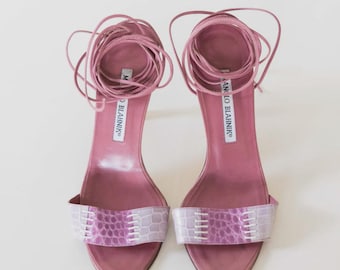 Manolo Blahnik Pink Lace-Up Heels | Crocodile Texture Mules (IT 36.5)