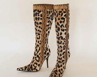 Vintage Casadei-kniehoge laarzen met luipaardprint kalfshaar / Italiaanse suède stilettolaarzen / Y2K designer laarzen met dierenprint / IT 36.5