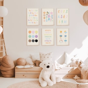 Conjunto de carteles educativos, 6 imprimibles para la escuela en casa, póster del alfabeto, láminas para sala de juegos, decoración Montessori para el aula, carteles educativos y de aprendizaje.