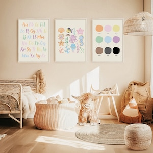 Juego de 3 carteles educativos, imprimibles para la escuela en casa, póster del alfabeto, láminas para sala de juegos, decoración Montessori para el aula, carteles educativos y de aprendizaje.