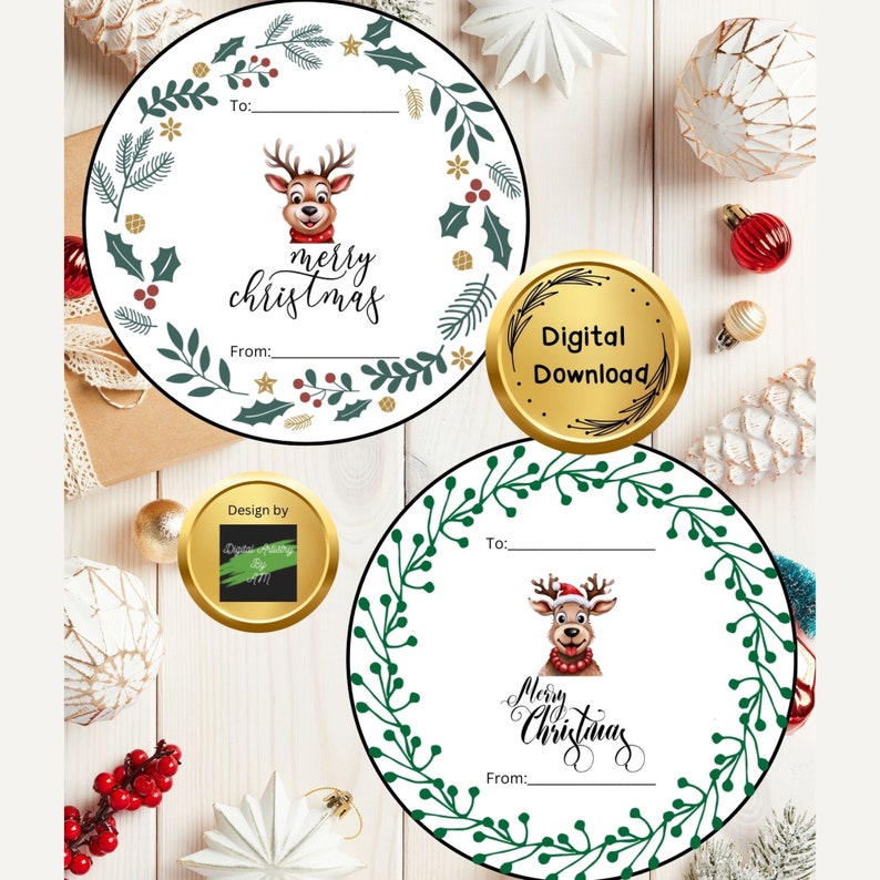 Printable Christmas Gift Tags Stickers Round Labels Holiday Favor Tag Christmas Wreath Tag
