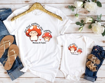 Matching Our First Mother's Day Outfit Set Custom New Mom Gift Mommy Shirt and Baby Bodysuit Mushroom Matching Baby Bodysuit Personalized