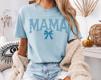 Kokette Mama Komfort Farben Shirt Kokette Bogen T-shirt für Mama Muttertagsgeschenk Gänseblümchen Blumen Mama Shirt Blue Ribbon Shirt Geburtstagsgeschenk
