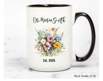 Personalized PhD Floral Mug, Doctorate Graduation Gift for Her