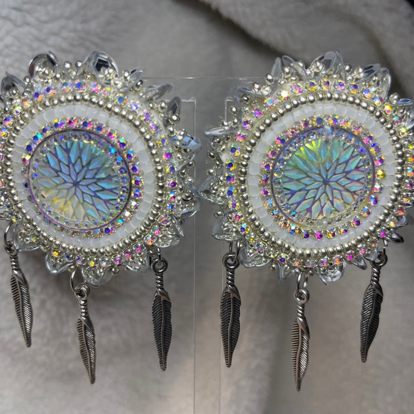 Silver and White Shiny Beaded Earrings with Feather Charms