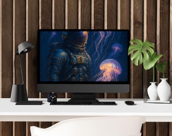 Astronaut & Jellyfish Sci-Fi Wallpaper: Bronze Space Art (Digital Download)