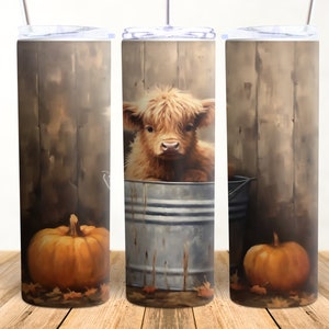 Vaca de las tierras altas del bebé en cubo con calabazas Vaso flaco de 20 oz / Envoltura de vaso recto y cónico / Envoltura de vaso de otoño / Diseño de vaso