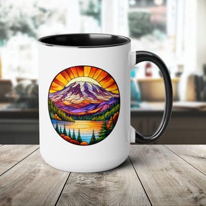 Mount Rainier Sunset Stained Glass Ceramic Mug, 15oz - Great Gift for Nature Lovers, Pacific Northwest Gift, Mount Tahoma