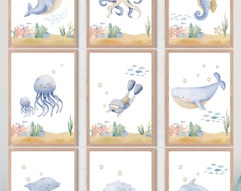 Affiches pour chambre d'enfant sur le thème des animaux marins : Créatures marines à l'aquarelle, lot de 9 (téléchargement numérique)