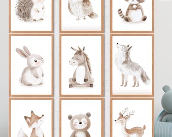 Woodland Animal Nursery Prints: Gender Neutral Decor, Set of 9 (Digital Download)