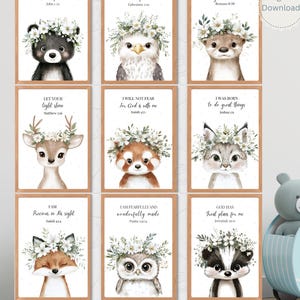 Woodland Animal Bible Verse Nursery Prints, Floral Prints,Set of 9 (Digital Download)