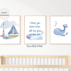 Maritimes Kinderzimmer Poster: Wal, Segelboot, Leuchtturm Poster (Digital Download