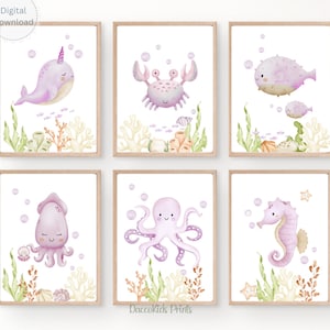 Pink Sea Animal Nursery Prints: Watercolor Ocean Art (Digital Download Set of 6 Posters)