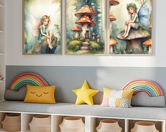 Fairy Mushroom Nursery Wall Art Set of 3, Enchanted Forest Printable, Woodland Fairy Girl Art, Magical Cottagecore Nursery Decor