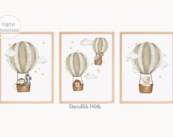 Safari Animals in Hot Air Balloons Nursery Prints (Digital Download)