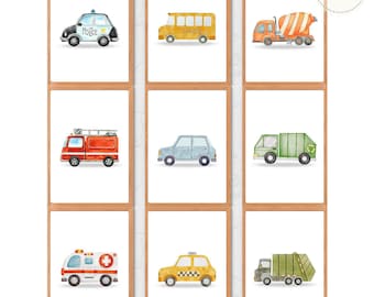 Stampe per bambini con tema trasporti in acquerello: automobili, camion, autobus - Set di 9 (download digitale)