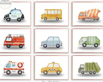 Stampe di trasporti ad acquerello: auto, camion, veicoli, arte per bambini (download digitale)