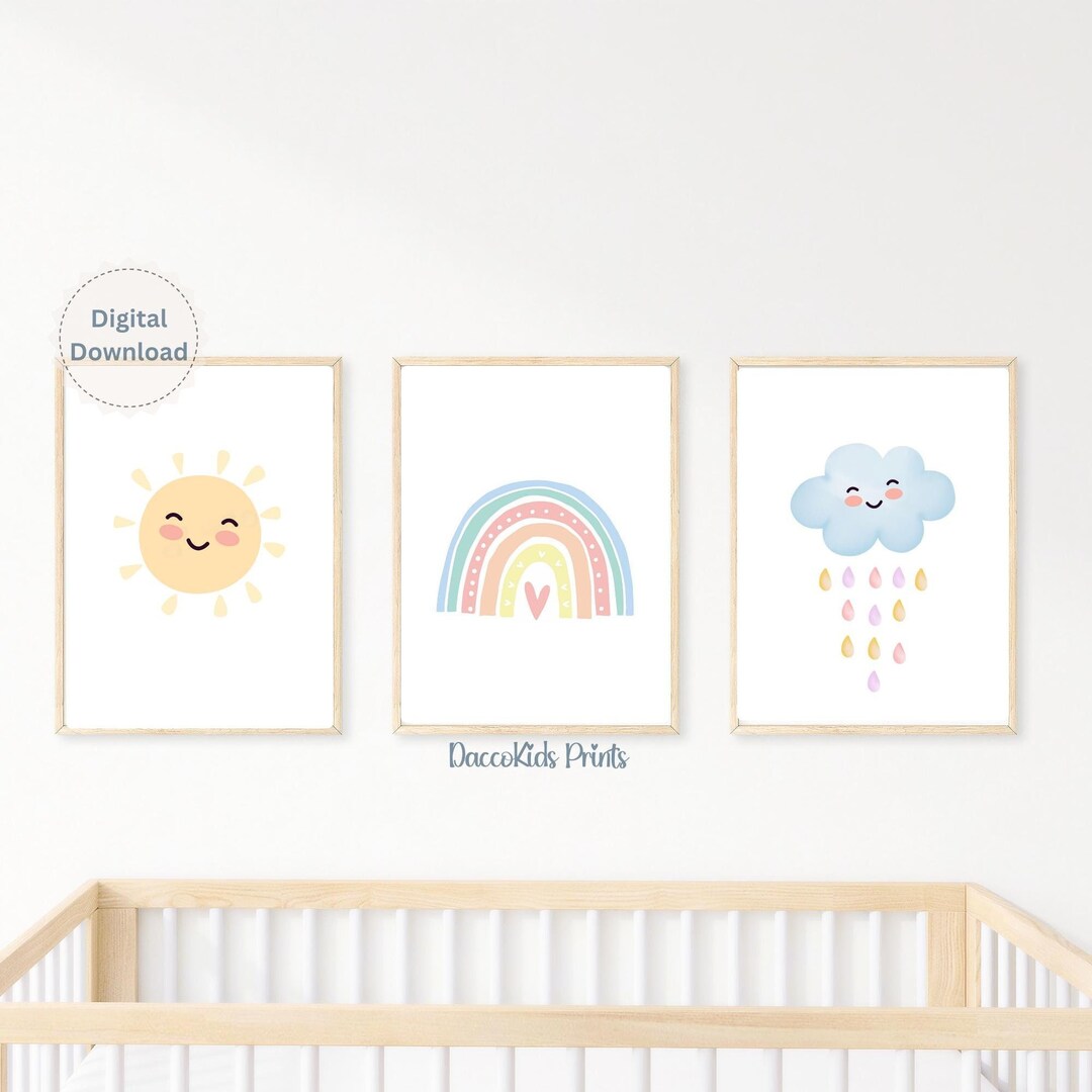 Pastel Rainbow Wall Art Set of 3 Prints, Sun Rainbow Cloud, PRINTABLE ...