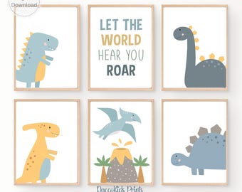 Láminas de dinosaurios para guardería: Arte mural de dinosaurios rugientes (descarga digital)