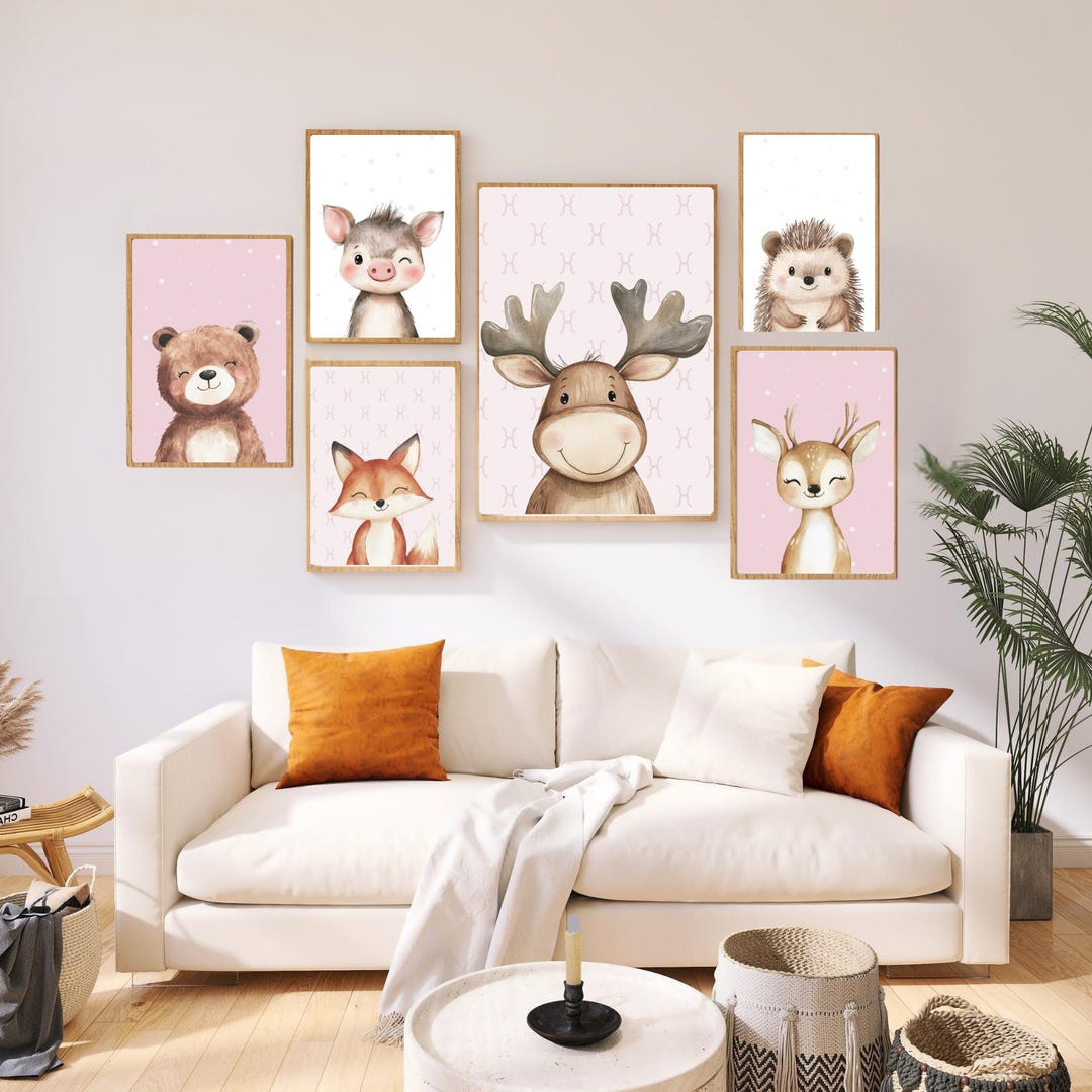 Pink Woodland Animals Nursery Wall Art, Cute Baby Forest Animal Prints ...