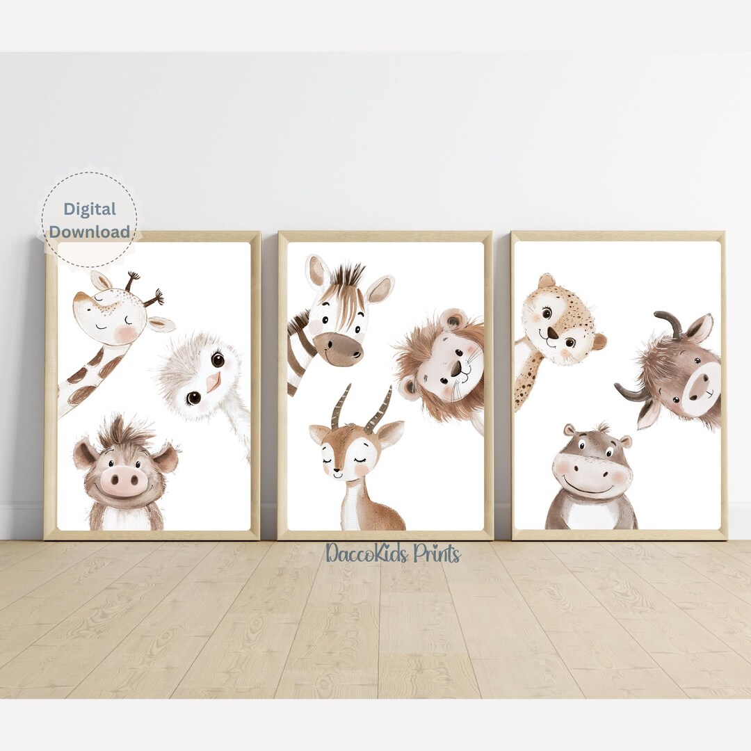 Safari Animal Nursery Prints: Set of 3 Jungle Baby Animals (digital ...