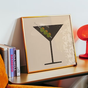 Martini z trzema oliwkami, 10x10, kwadrat, do wydrukowania, do pobrania - plakat koktajlowy w stylu retro, minimalistyczne oryginalne dzieło sztuki.