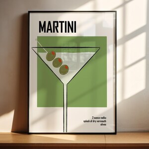 Zielony retro plakat z wódką Martini z listą składników, oryginalny wydruk do pobrania dla grafiki minimalistycznej sztuki koktajlowej na barze