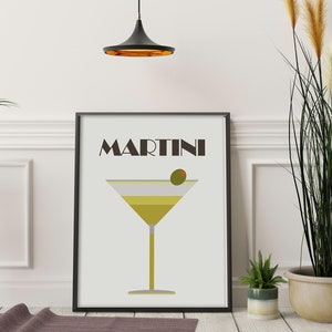 Brudny Martini z Oliwką Retro Koktajl Sztuka Minimalistyczny Bar Cart Art Plakat Salon Dekoracja Ścienna Drukowalna Grafika Z Jasnym Tłem