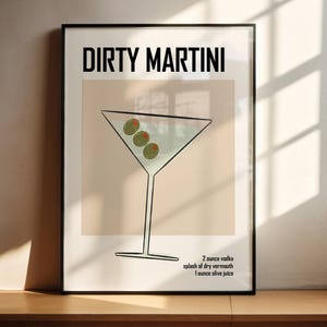 Plakat Retro Dirty Vodka Martini z listą składników, oryginalny wydruk do pobrania dla grafiki Minimalistyczny barek Koktajl Sztuka