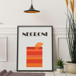 Plakat Negroni na ścianę - minimalistyczny koktajl w stylu retro, sztuka wózka barowego, pop-of-color, modny drink, sztuka baru, jasne tło do druku