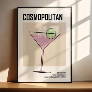 Plakat Retro Cosmopolitan z listą składników, oryginalny wydruk do pobrania dla grafiki Minimalistyczny barek Koktajl Sztuka