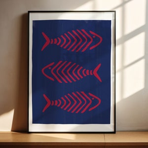 Three Fish Pink on Blue  - Printable Download, Sketched Fish Art with Watercolour Background
