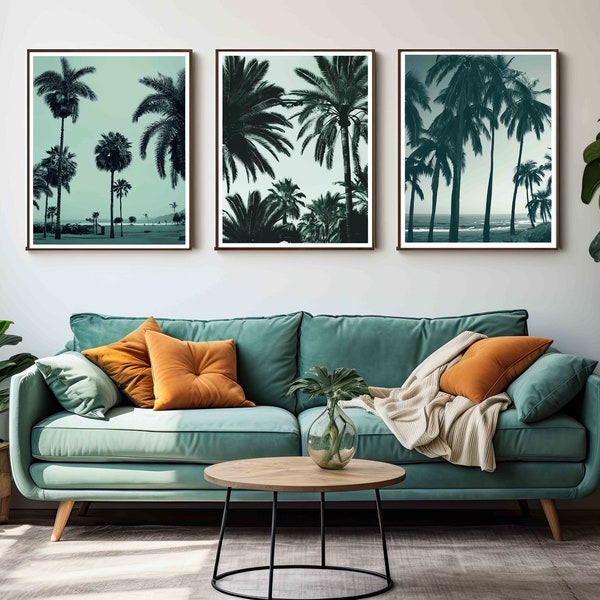 Vintage Palm Trees Trio Wall Art - 8x10 3 Prints Blues and Greens Retro Photo Style Wall Art Hawaii 5.0 Polynesian  Esthetics  download