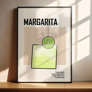 Plakat Retro Margarita z listą składników, oryginalny wydruk do pobrania dla grafiki Minimalistyczny wózek barowy