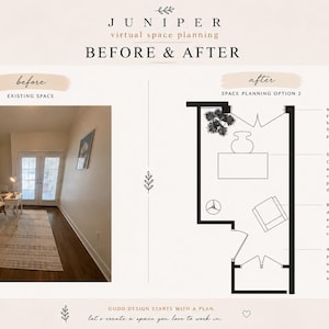 May include: A before-and-after image for Juniper virtual space planning. The left side shows an existing space with a rug, desk, and chair. The right side is a floor plan with a console table, chair, and plants. Text includes "Before & After".