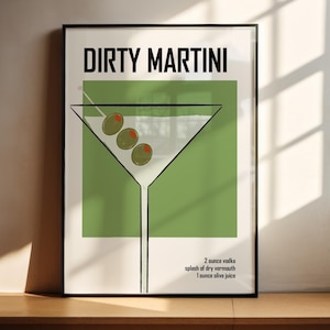 Zielony plakat retro brudny wódka martini z listą składników, oryginalny wydruk do pobrania dla grafiki minimalistycznej sztuki koktajlowej wózka barowego
