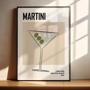 Plakat Retro Martini z listą składników, oryginalny wydruk do pobrania dla grafiki Minimalistyczny barek Koktajl Sztuka