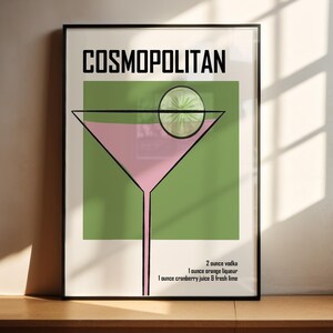 Zielony plakat retro cosmopolitan z listą składników, oryginalny wydruk do pobrania dla grafiki minimalistycznej sztuki koktajlowej baru