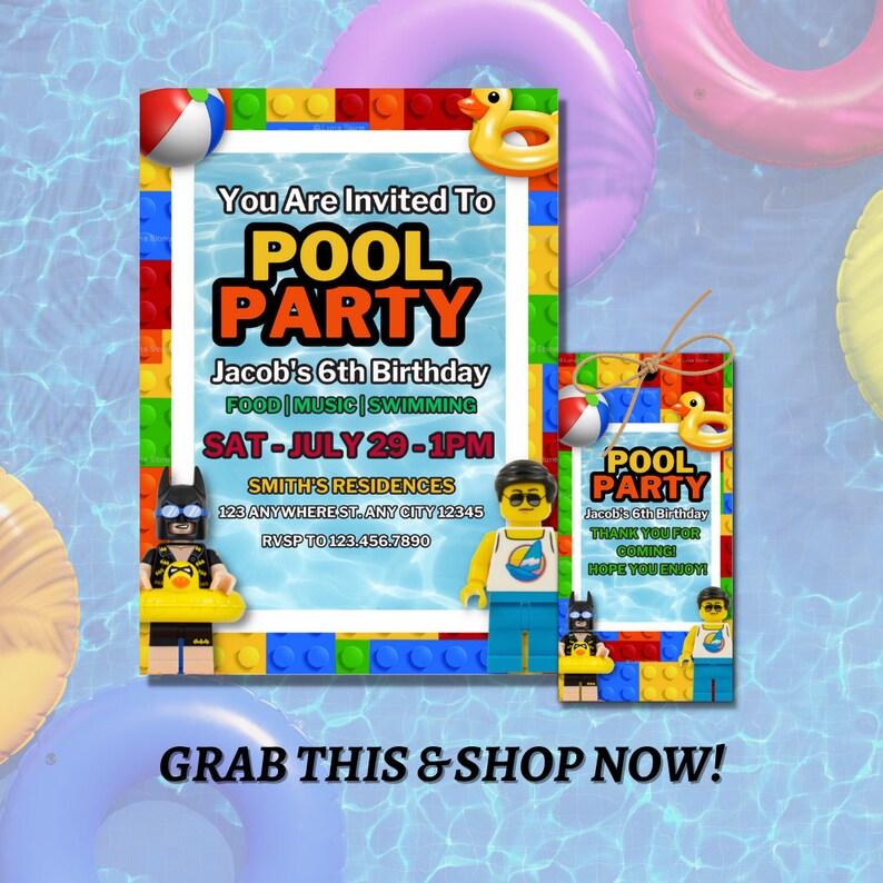 Editable Lego Birthday Invitation Pool Party Invitation Etsy